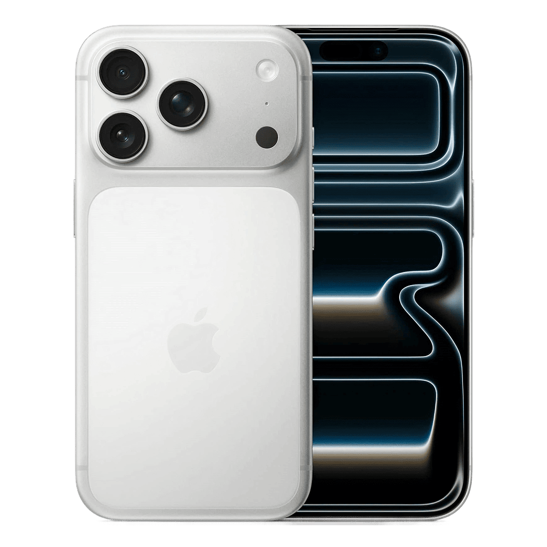 iPhone 17 Pro Max в серебристом цвете, вид спереди и сзади